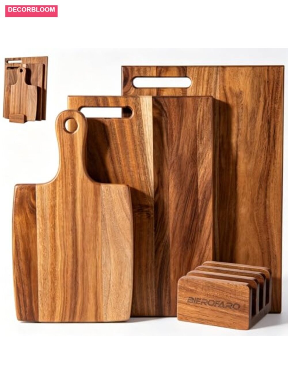 Acacia Wood Cutting Board Set of 3 with Stand, Wooden Chopping Boards,